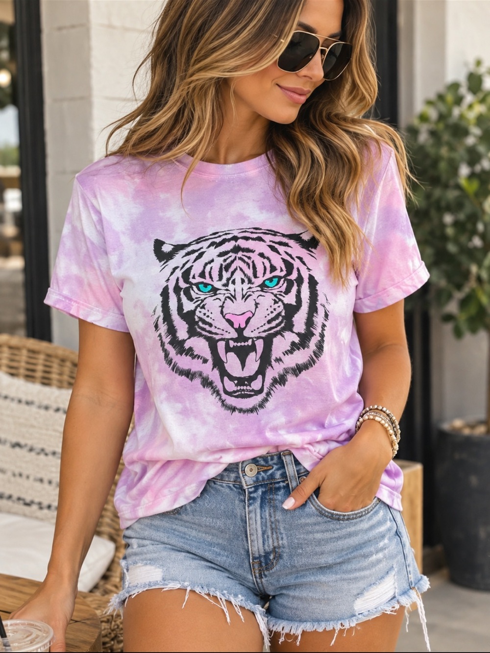 Pink Purple Tie Dye Tiger Graphic T-Shirt Size Small